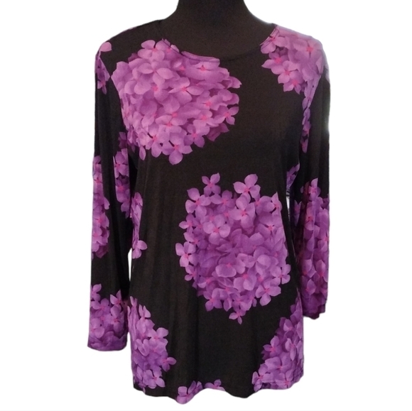 VINTAGE Sharon Anthiny Black & Purple Floral Long Sleeve Top - Picture 1 of 3